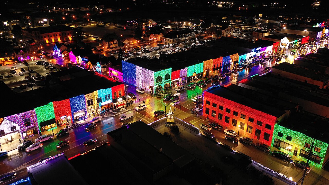 A lit main street in the evening