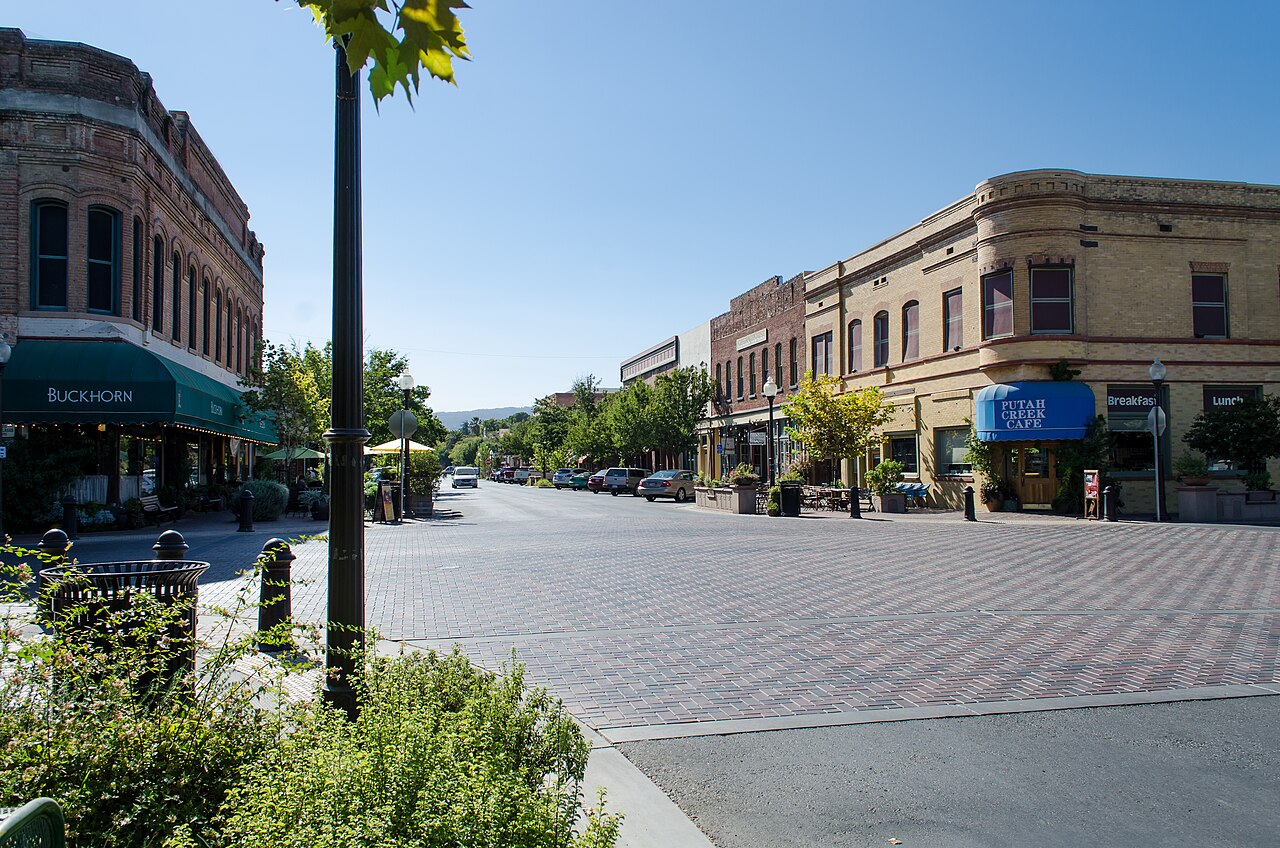 A historic main street of brick storefronts